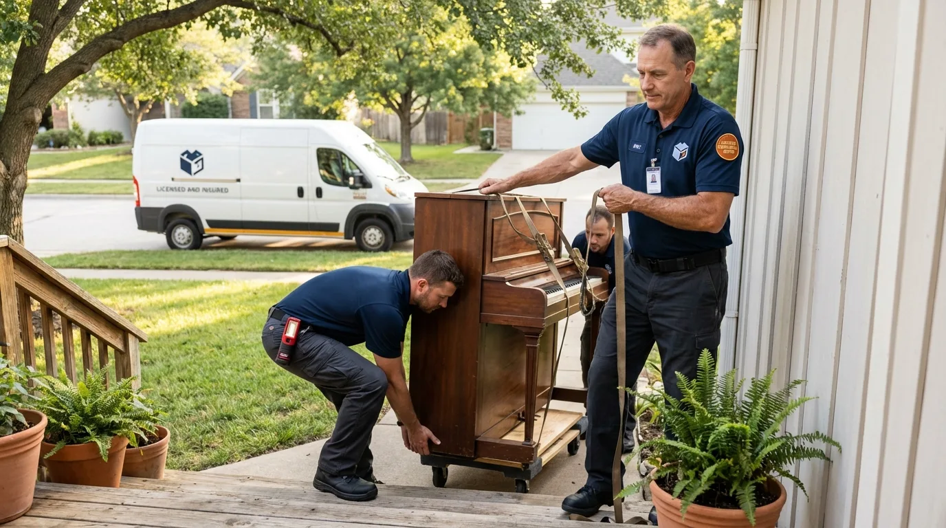 Licensed piano movers securing grand piano in Central City, PA
