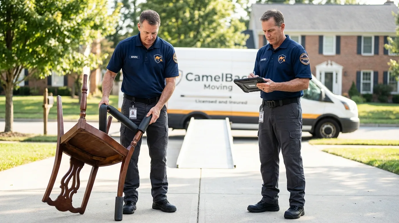 Movers inspecting furniture for damage prevention before loading in Central City, PA