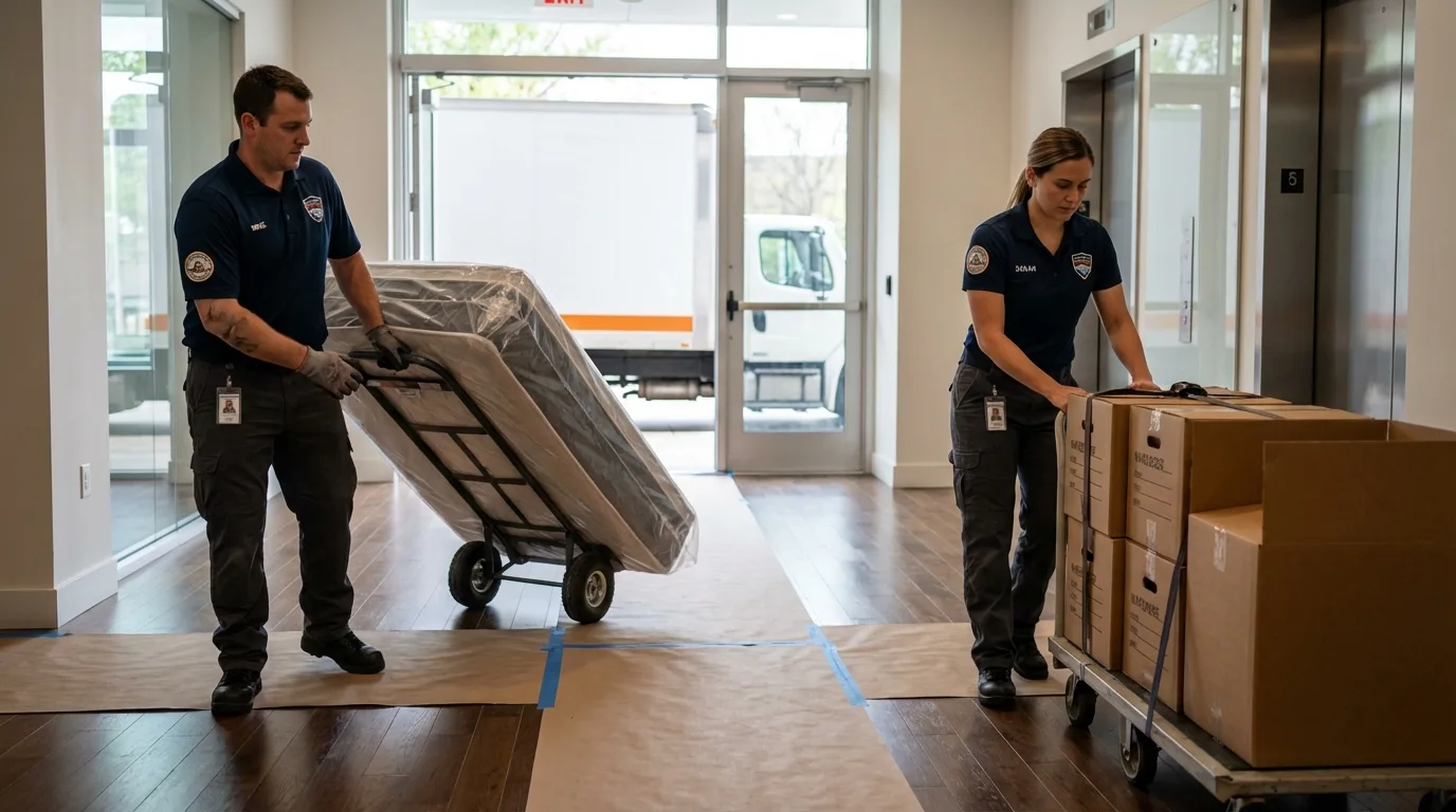 Professional apartment movers loading elevator in Central City, PA